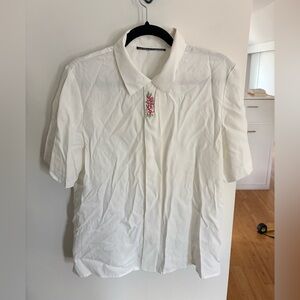 White Short-Sleeve Button-Down Shirt with Pink Floral Detail